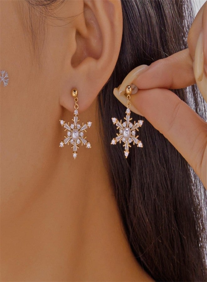 WCRAZYE Snowflake Earrings for Women Elegant Rhinestone Winter Pearl Snowflake Flower Christmas Earrings Christmas Holiday Jewelry (CZ Gold) - Image 4